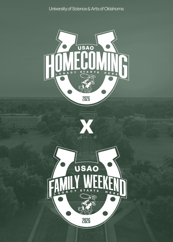 Horseshoe shape Homecoming and Family Weekend logos on a green halftone USAO Campus picture
