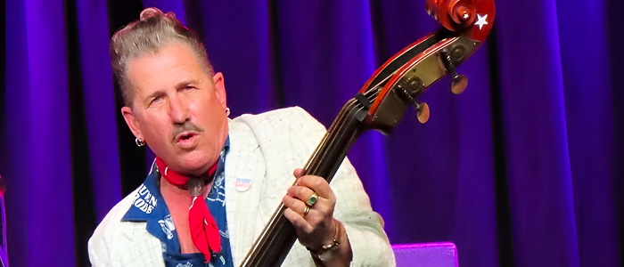 Musician performing on stage while playing an upright bass under purple stage lights.