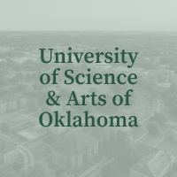 The University of Science and Art of Oklahoma name overlaid on a light green image of campus from aerial view